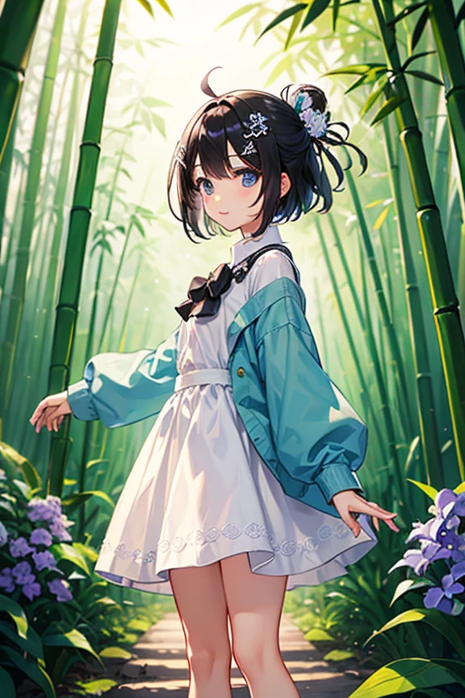 Highest quality、Black Hair、Iris、short hair、、cute、、、Small hair ornament、1 person、bamboo forest、stroll、A happy look、