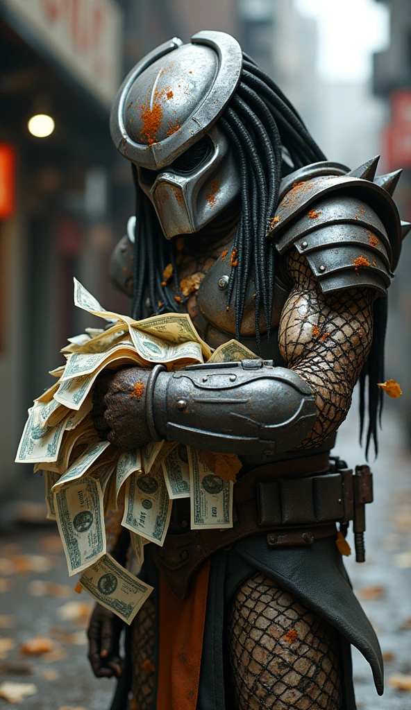 The Predator, hunched over in a tattered, dirty vest,,Holding a full armful of banknotes,A few banknotes were floating in the air,Pitiful,Predator helmet,His armor is all rusted,Street background,Depth of Field,High-resolution details,masterpiece