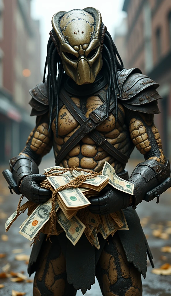 The Predator, hunched over in a tattered, dirty vest,，Holding a full armful of banknotes，A few banknotes were floating in the air，Pitiful，Predator helmet，His armor is all rusted，Street background，Depth of Field，High-resolution details，masterpiece