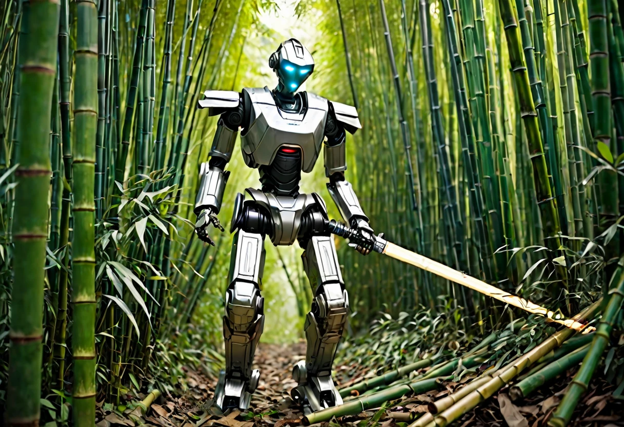 A metallic robot (obviously mechanical, dressed like a poor Chinese worker) is wandering through a dense bamboo forest, cutting and collecting Bamboo poles using a laser sword