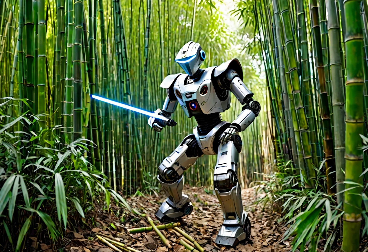 A metallic robot (obviously mechanical, dressed like a poor Chinese worker) is wandering through a dense bamboo forest, cutting and collecting Bamboo poles using a laser sword
