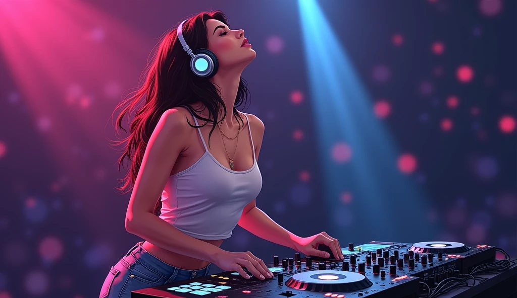 a beautiful sexy DJ woman with headphones on, looking up and with her arms up, behind a mixing desk, loving the sound you're hearing, edm music, illustration