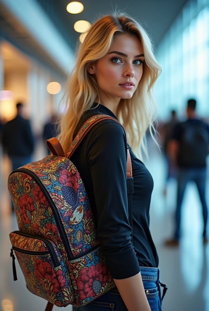 Beautiful 24 year old blonde girl with blue eyes and big breasts stands at the Barajas airport in Madrid with an extremely detailed backpack, realistic, photorealistic, high quality, 4k, 8k, masterpiece, ultra detailed, vivid colors, HDR, studio lighting, sharp focus, physical representation, professional portrait