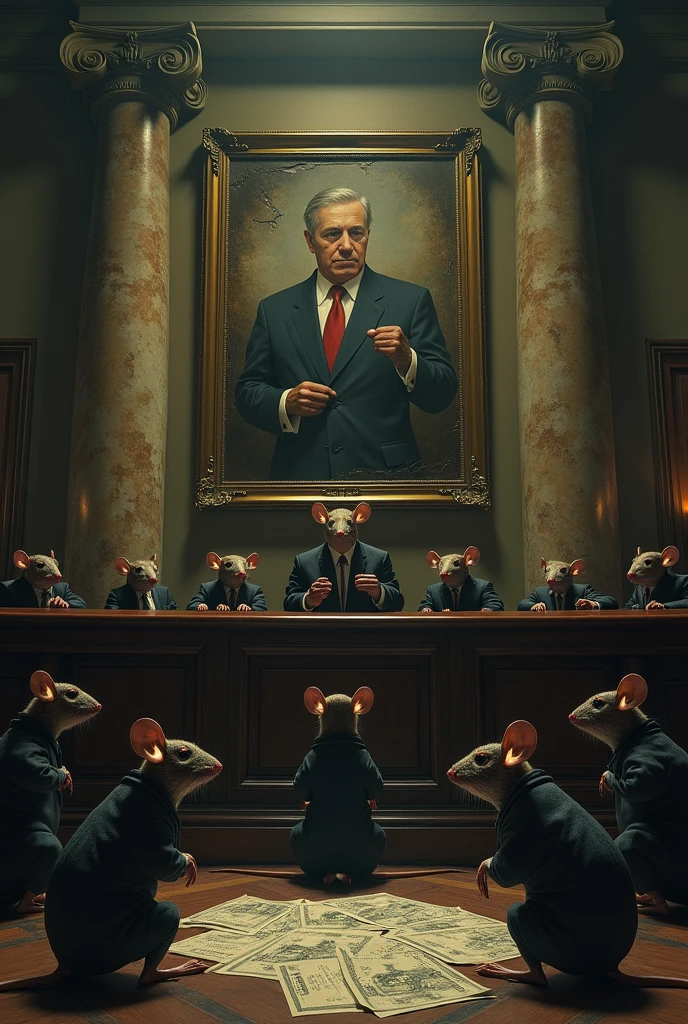 Several corrupt rats kneeling in front of a photo in the Guatemalan congress