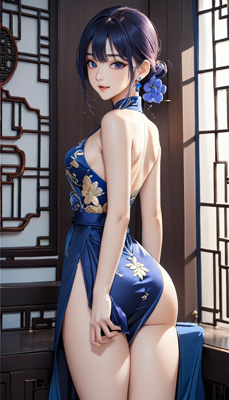 (masterpiece,highest quality,超A high resolution),japanese woman, (((Very beautiful 25 year old girl))), pretty girl、look at the photographer､  ((beautiful low ponytail)), super cute face, glossy lips, double eyelids in both eyes,natural smile、 natural makeup, long eyelashes, Shiny and smooth hair､center image,  perfect limbs, perfect anatomy,(((dark blue China dress)))、(((turn around and look back)), smooth skin, exposed shoulders, exposed waist, exposed thighs