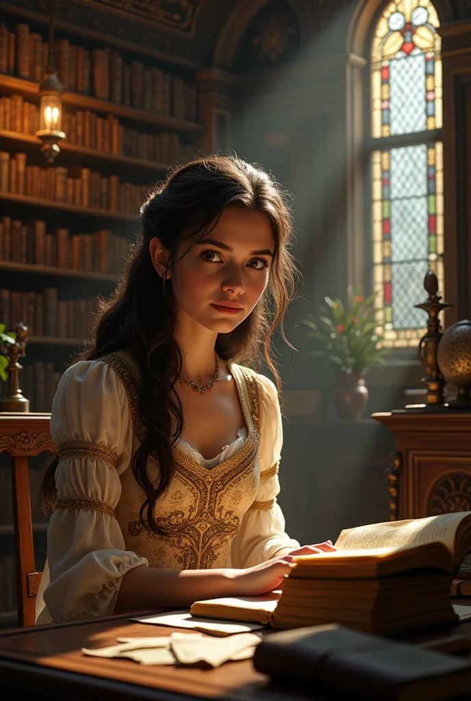 princess not peeing style, with dark brown hair and hazel eyes in a library