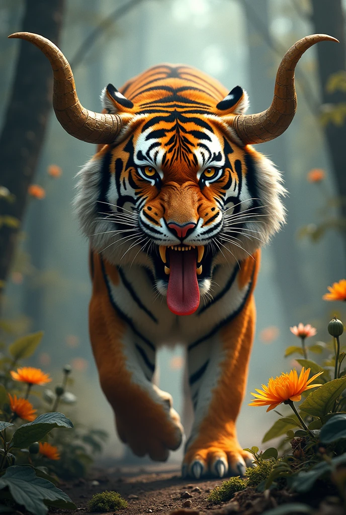 A tiger with very large, long teeth, large horns, a tongue like Kali Mata, and marks of a sanker's feet and a trishul on its body. 