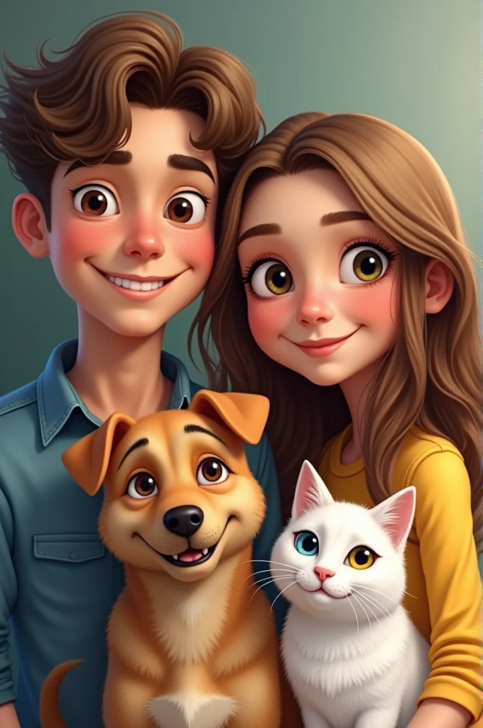 Create a couple of young brown-haired people with a caramel-colored mutt dog and a white cat with one yellow eye and the other blue.