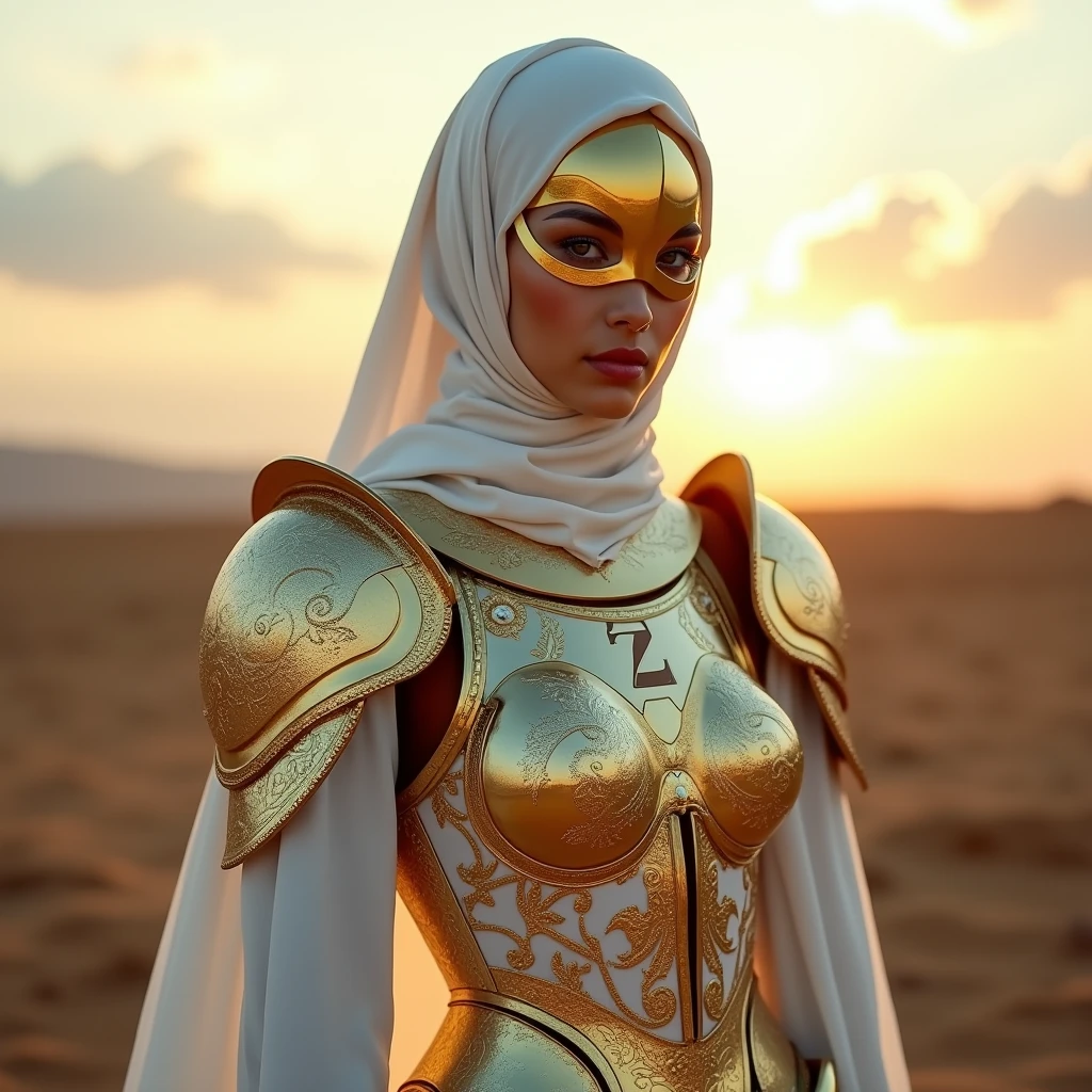 A Muslim woman who is extremely elegant and intelligent, who is also a warrior
On her armor put letters AZ and use golden and glassy white colors, the character is anonymous so use a  golden mask 
Hide her face completely under a white niqab and this woman has extremely white skin