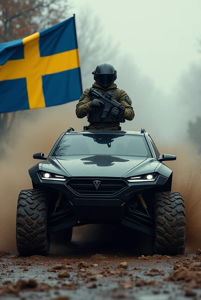 A highly trained Swedish special forces soldier, driving a futuristic Tesla Cybertruck, performing adrenaline-fueled wheelies around a massive twitter X sign, wielding an imposing heavy machine gun, a swedish flag is hanging on the truck, cinematic, dramatic lighting, hyper-realistic, 8K, 3D render, photorealistic, chiaroscuro, moody, gritty, military, tactical, advanced technology, dynamic pose, muscular physique, tactical gear, serious expression, rugged environment, stunning visuals, powerful, intense