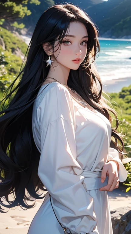 (masterpiece,Highest quality,,8k,High resolution),One female,,Beautiful Face,Beautiful Face,Beautiful eyes,Beautiful lips,,Black Hair,look back,,flower,Sandy beach with a view of the forest,A bright night with stars visible,jewelry,Holding,Long sleeve,necklace,Long Hair,dress,(whole body),Highly detailed anime art,