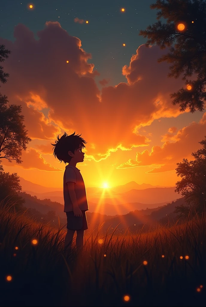 In the sunset a boy covered in shadows waiting for someone