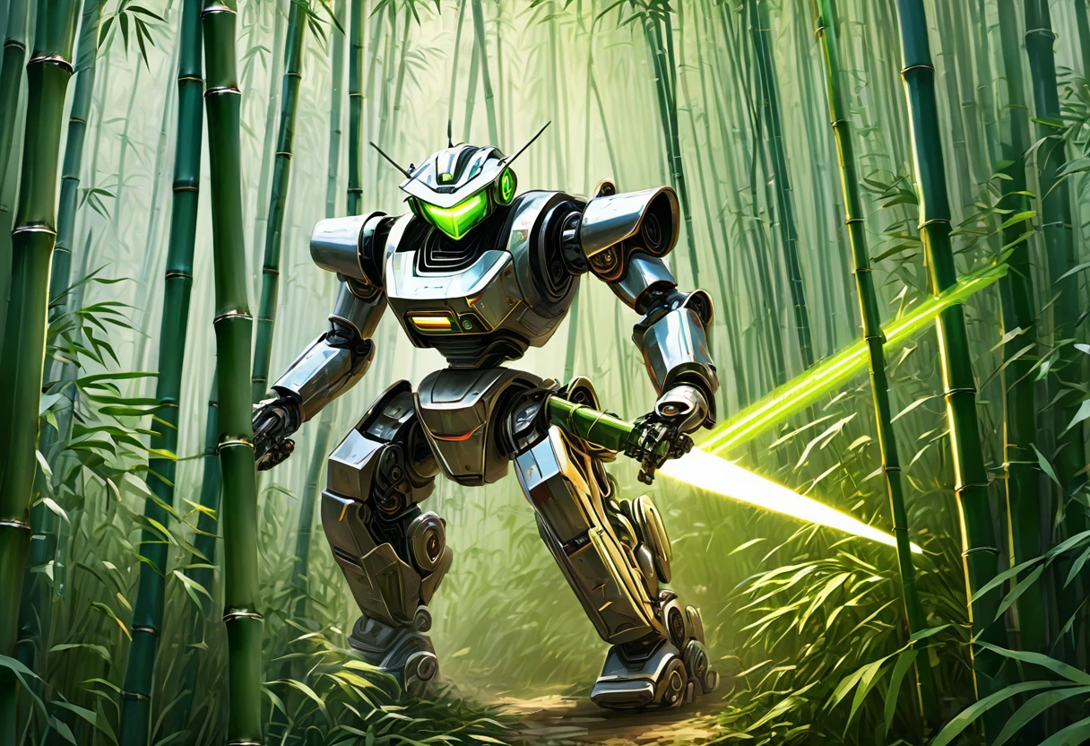 A metallic robot (obviously mechanical, dressed like a poor Chinese worker) is wandering through a dense bamboo forest, cutting and collecting Bamboo poles using a laser sword
