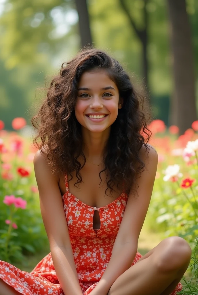 A brunette girl with curly hair and big breasts sits with her legs stretched out, taking a realistic photo