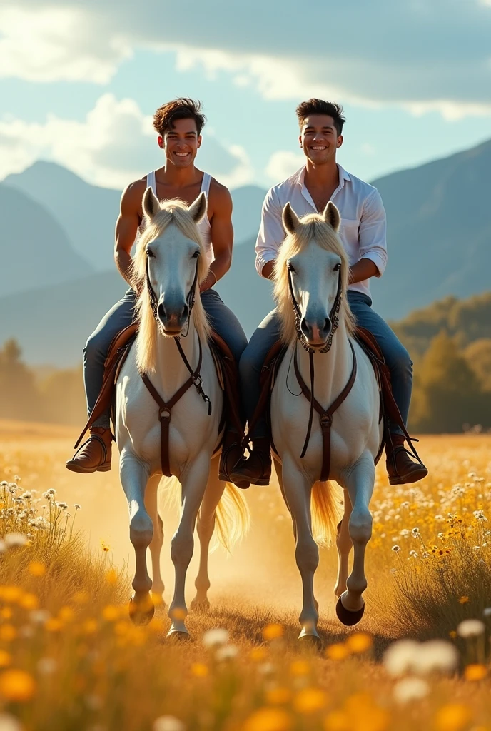 Two handsome young men, both with beautiful faces, white skin, and soft skin, lean and shirtless, with short black hair, riding horses together.
