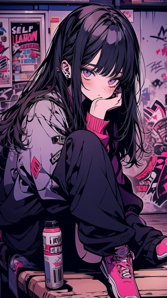 An anime character sitting on a bench in a room with graffiti., The finer details. Girls' Frontline, Girls' Frontline style, Girls' Frontline cg, Girls' Frontline, Girls' Frontline universe, from Girls' Frontline, m4 sopmod ii Girls' Frontline, anime key art, Visual novel key visual, Key Art Anime Sharp Focus, Photo of a-1, Noir Moody Scene, Visual Novel CG