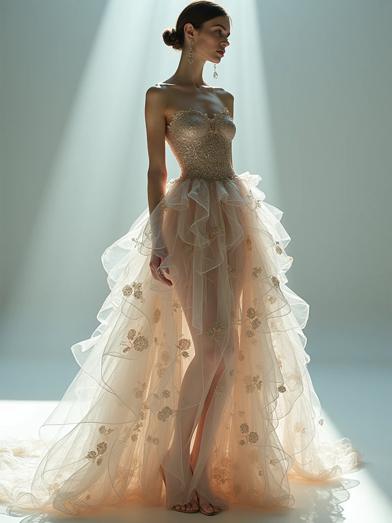 A graceful woman draped in an exquisite Iris van Herpen dress, featuring a delicate interplay of translucent fabrics and intricate,nature-inspired patterns. The dress flows like liquid silk, with layers that ripple and shimmer with every movement. Captured in a high-fashion editorial style, the lighting creates a luminous effect, accentuating the ethereal quality and the meticulous craftsmanship of the design. The woman’s serene expression and elegant posture enhance the enchanting and dreamlike nature of the van Herpen creation, evoking a sense of otherworldly beauty and sophistication, 4:3