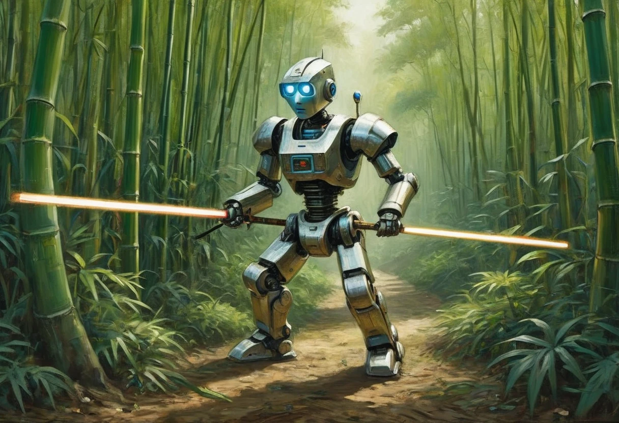 A metallic robot (obviously mechanical, dressed like a poor Chinese worker) is wandering through a dense bamboo forest, cutting and collecting Bamboo poles using a laser sword