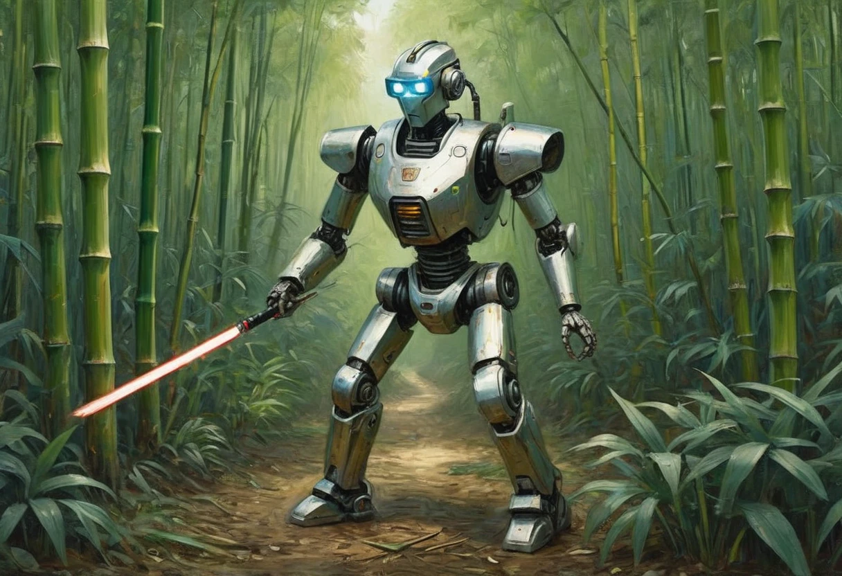 A metallic robot (obviously mechanical, dressed like a poor Chinese worker) is wandering through a dense bamboo forest, cutting and collecting Bamboo poles using a laser sword
