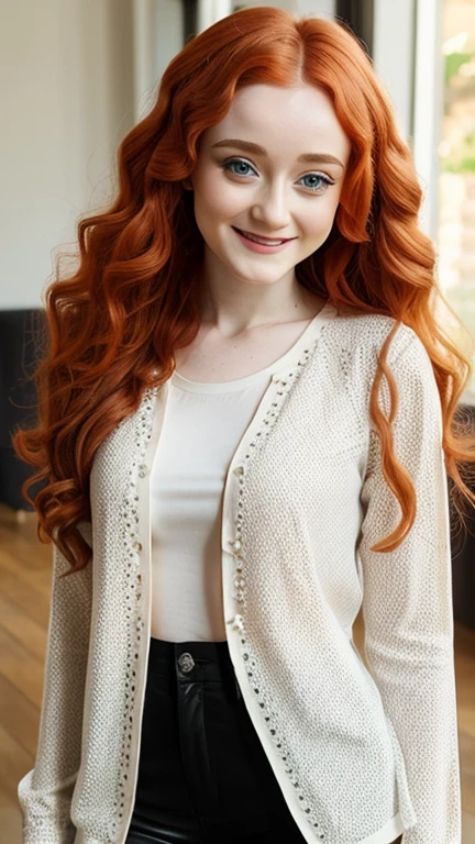 Janet Devlin wearing casual clothes with dot neckline and smiling