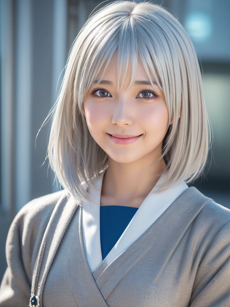 (A beautiful girl in a bright nordic setting, face lighting, realistic, cute, sexy, slim, extremely detailed eyes, droopy eyes, clear eyes, extremely detailed face:1.25), (ultra short fluffy hair,silver hair:1.5),(close-up of face,smiling:1.25), (japanese highschool uniform:1.5),detailed skin, intricate details, high quality, detailed background, soft lighting, detailed clothing, natural pose, cinematic lighting, volumetric lighting, digital art, photorealistic, vibrant colors, sharp focus, hyper detailed,Highres fix