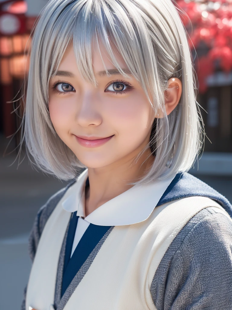 (A beautiful girl in a bright nordic setting, face lighting, realistic, cute, sexy, slim, extremely detailed eyes, droopy eyes, clear eyes, extremely detailed face:1.25), (ultra short fluffy hair,silver hair:1.5),(close-up of face,smiling:1.25), (japanese highschool uniform:1.5),detailed skin, intricate details, high quality, detailed background, soft lighting, detailed clothing, natural pose, cinematic lighting, volumetric lighting, digital art, photorealistic, vibrant colors, sharp focus, hyper detailed,Highres fix