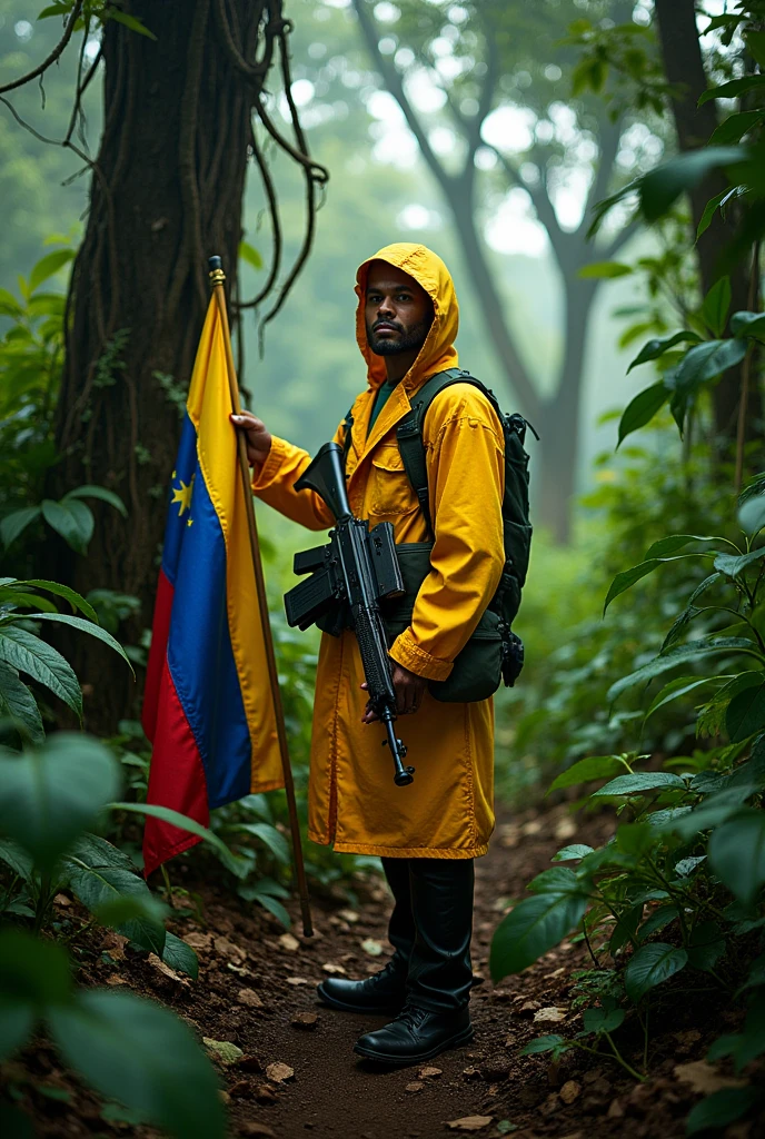 A soldier wearing a yellow raincoat, holding a Venezuelan flag in his right hand and an AK-47 in his left, in a jungle. 