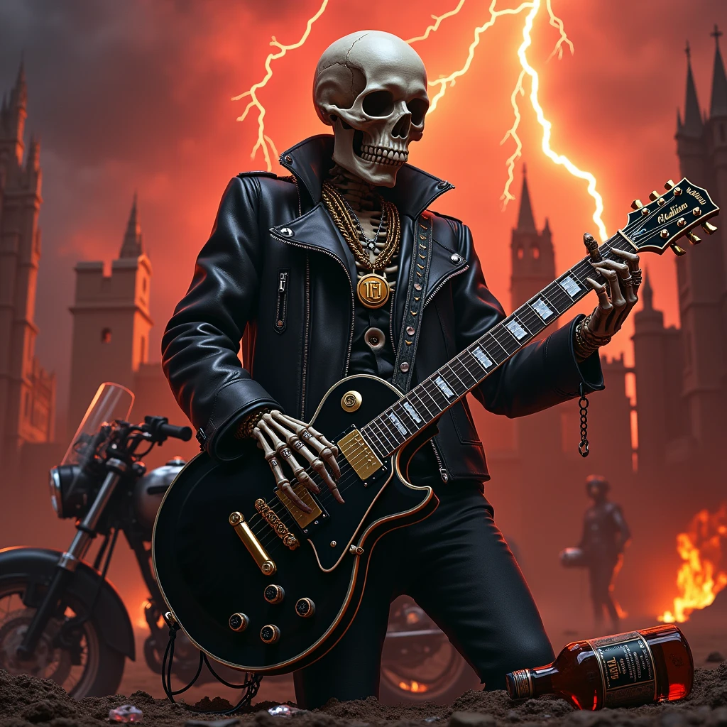 a full body skull wearing a black leather jacket, rings on his fingers and a gold chain with a "TJ" pendant playing a black les paul guitar as the world ends, red lightning falling from the sky giving a tone of chaos to the image, with a castle on fire in the background and a Harley Davidson motorbike on the side, a broken bottle of whiskey on the floor