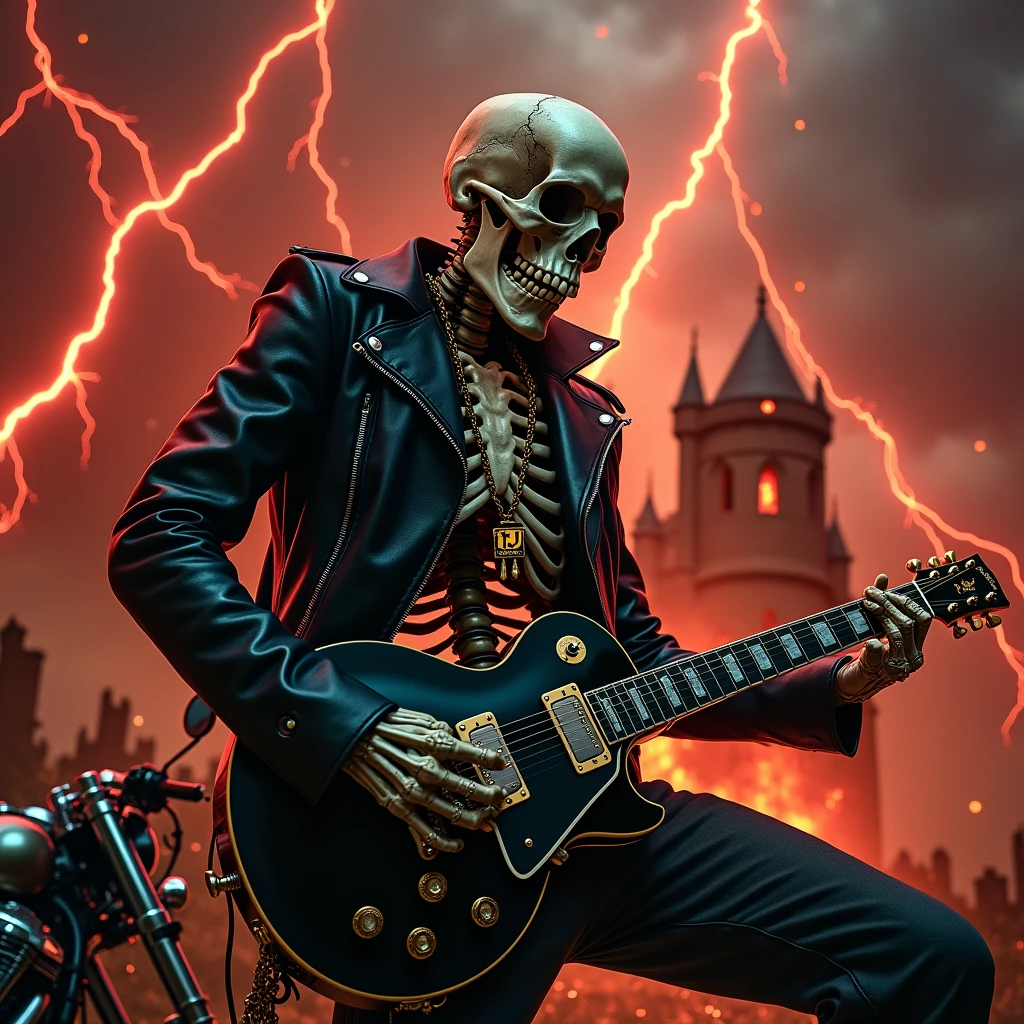 a full body skull wearing a black leather jacket, rings on his fingers and a gold chain with a "TJ" pendant playing a black les paul guitar as the world ends, red lightning falling from the sky giving a tone of chaos to the image, with a castle on fire in the background and a Harley Davidson motorbike on the side, a broken bottle of whiskey on the floor