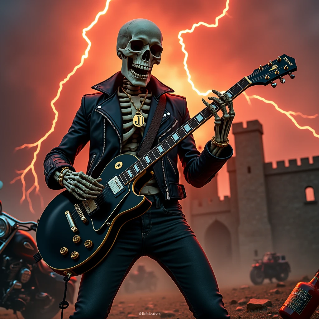 a full body skull wearing a black leather jacket, rings on his fingers and a gold chain with a "TJ" pendant playing a black les paul guitar as the world ends, red lightning falling from the sky giving a tone of chaos to the image, with a castle on fire in the background and a Harley Davidson motorbike on the side, a broken bottle of whiskey on the floor