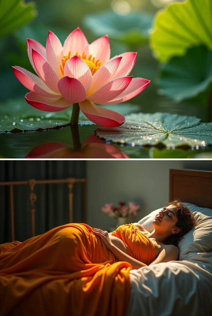 Create two images. One is shining water droplets on the lotus. In another scene sleeping in bed devi sita wearing a saffron costume with sad eyes closed and in her heart shining lord rama's image. She is so sad thinking about lord rama.