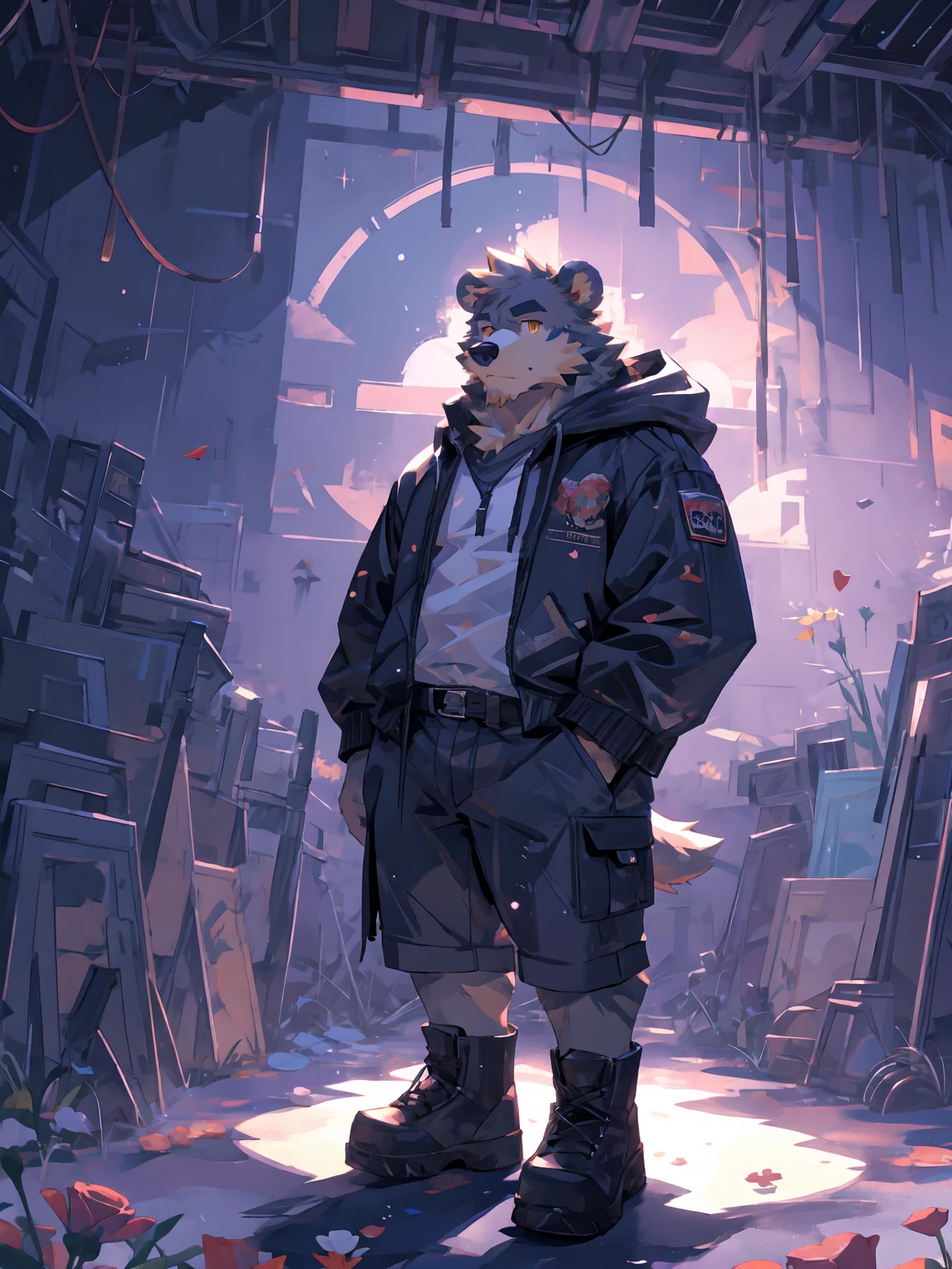 (masterpiece:1.2), best quality,pixiv,official art,perfect anatomy, (Ray tracing, light),solo, (1_male:1.3) , (muscle), (grey fur:1.4), (muscle bear), (beard:1.2), (gleaming golden eyes), bear tail, full body, Thick black eyebrows,(open short hoodie), (naked inside:1.2),cargo shorts, black short boots, red scarf, indoor, big window, sea out of window,flower, petal, skyline, blue sky, cold tone, star, sky, cosmos, rose