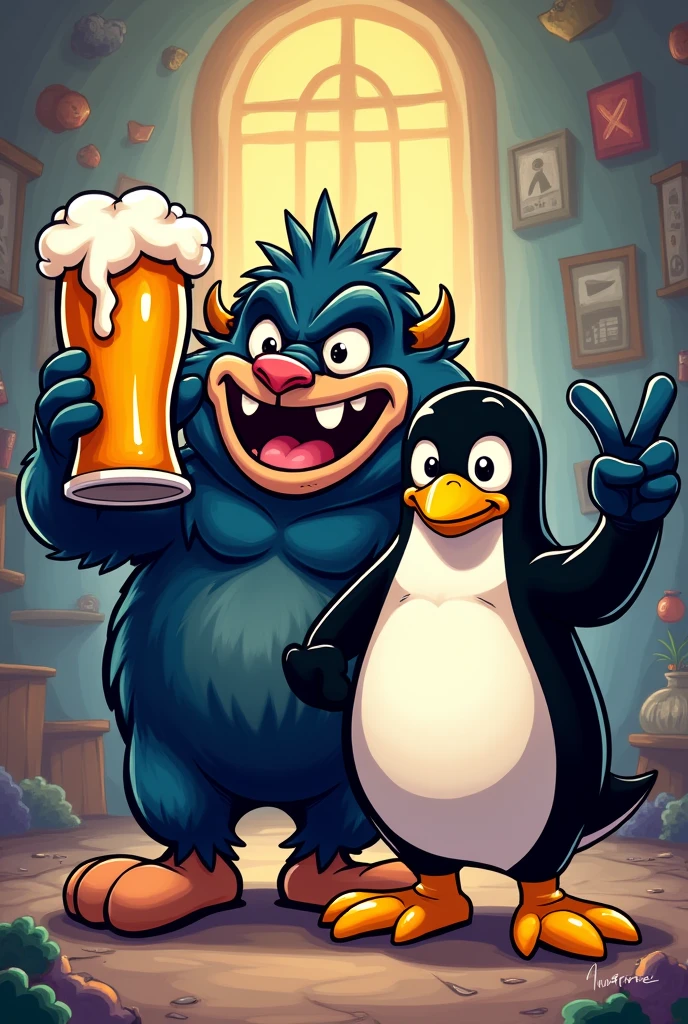"BSD's Beastie and GNU/Linux's Tux penguin, both smiling, in a relaxed setting. Beastie holds a beer mug in one hand and is giving a victory sign (V) with the other. Tux is doing the same, but with a background that suggests an open source and community environment. Style: cartoon, vibrant colors, friendly expression."