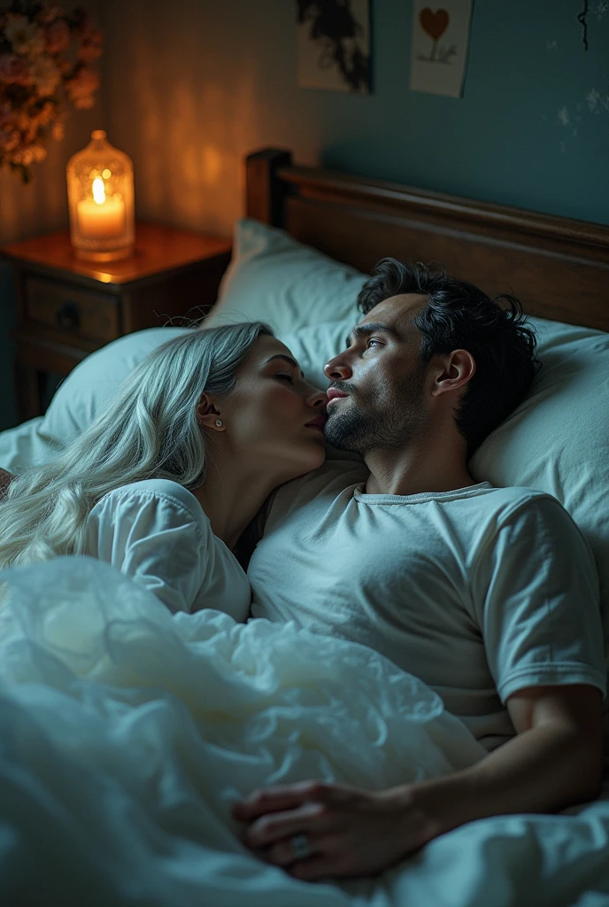 Man in bed, ghost woman beside him, caressing him