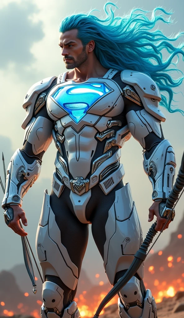 The most muscular superman in the universeA wide angle, full body shot), (masterpiece, photorealistic:1.4, extremely intricate:1.3), (photon mapping, radiosity, physically based rendering, ultra resolution, hyper-realistic, photorealistic:1.4, hyper-realistic, 8K), ((((humid teenage 20year, [bodybuilder:supermodel:0.8], (wide eyes, long lashes, shiny translucent white breastplate armor:0.8, etched, engraving)), electric blue eyes), angry, arrogant, BREAK, ((((background is a futuristic battlefield, she is a juggernaut, muscular), mechanical arms, mechanical hips, wires, wiring, (((glowing cybernetic chrome crystal reflections, standing, aiming bow and arrow, cleavage, from below), chrome cyborg headband), dynamic fighting action pose), ultra long wavy ([blue hair: electric blue hair:0.7], volumetric, shadows)))
