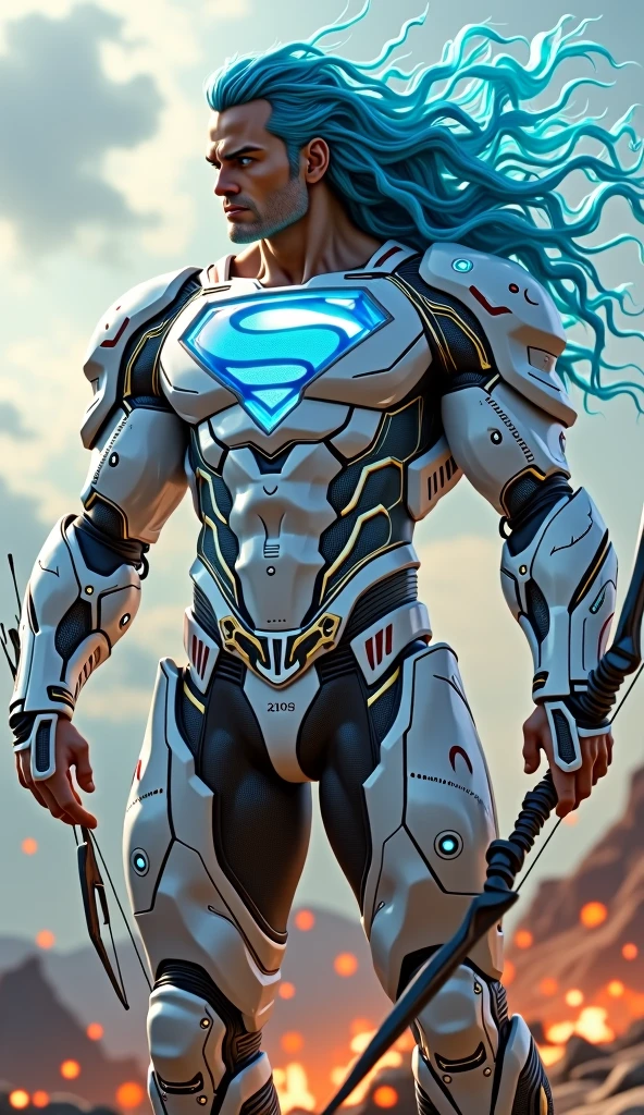 The most muscular superman in the universeA wide angle, full body shot), (masterpiece, photorealistic:1.4, extremely intricate:1.3), (photon mapping, radiosity, physically based rendering, ultra resolution, hyper-realistic, photorealistic:1.4, hyper-realistic, 8K), ((((humid teenage 20year, [bodybuilder:supermodel:0.8], (wide eyes, long lashes, shiny translucent white breastplate armor:0.8, etched, engraving)), electric blue eyes), angry, arrogant, BREAK, ((((background is a futuristic battlefield, she is a juggernaut, muscular), mechanical arms, mechanical hips, wires, wiring, (((glowing cybernetic chrome crystal reflections, standing, aiming bow and arrow, cleavage, from below), chrome cyborg headband), dynamic fighting action pose), ultra long wavy ([blue hair: electric blue hair:0.7], volumetric, shadows)))
