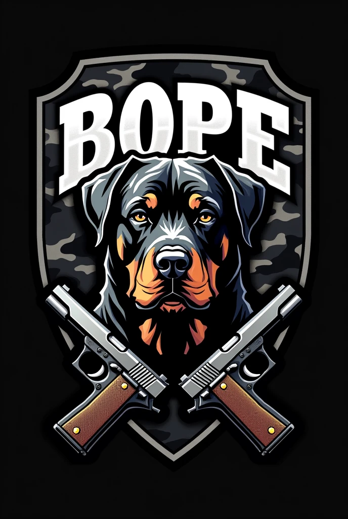 A logo of the BOPE police force with a Hottweiler head, black camouflage background, the word BOPE, and two pistols