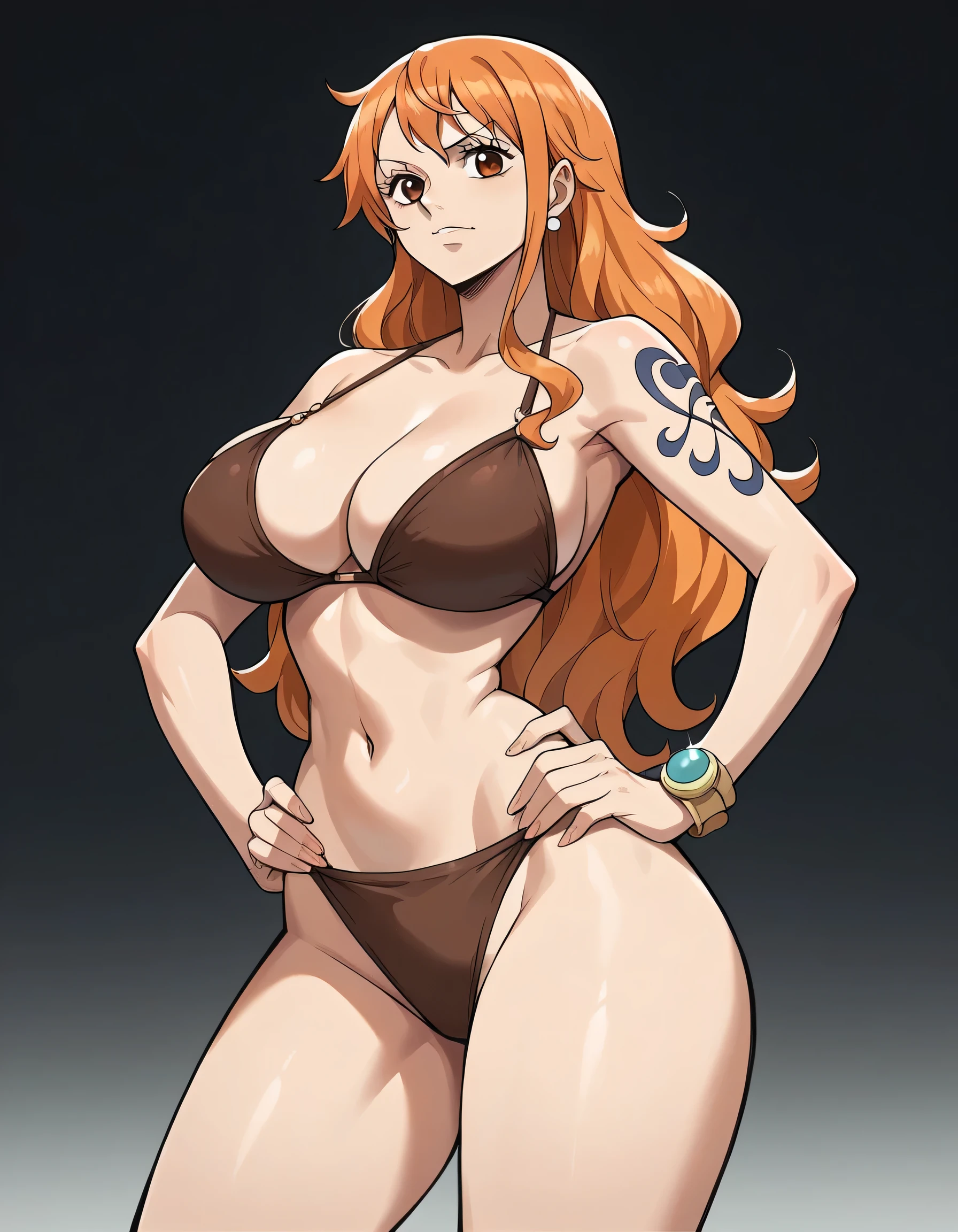 Masterpiece, best quality, Masterpiece, best quality, 1 woman, Nami , long orange hair , sly face , brown bikini , big breasts , abdomen , Put your hands on your hips.. , thighs , black background