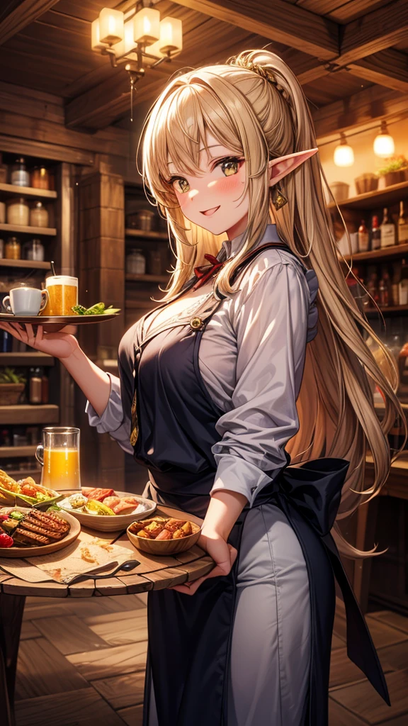 1girl,An illustrated scene set in a lively fantasy tavern at twilight. The focus is on a cheerful elf waitress, a young woman with long flowing hair and pointed ears, wearing a traditional tavern outfit. She is smiling warmly as she carries a large tray of mugs filled with beer, distributing them to a diverse group of patrons gathered around a round wooden table. The background shows a bustling tavern filled with various races, including humans, dwarves, and elves, all engaged in lively conversation. The setting is cozy, with a warm glow from lanterns and a large hearth, casting a soft, inviting light. The overall mood is vibrant yet warm, with a mix of soft browns, golds, and oranges to reflect the twilight hour.