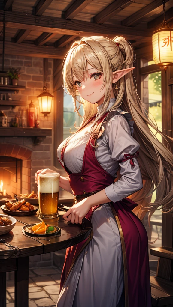 1girl,An illustrated scene set in a lively fantasy tavern at twilight. The focus is on a cheerful elf waitress, a young woman with long flowing hair and pointed ears, wearing a traditional tavern outfit. She is smiling warmly as she carries a large tray of mugs filled with beer, distributing them to a diverse group of patrons gathered around a round wooden table. The background shows a bustling tavern filled with various races, including humans, dwarves, and elves, all engaged in lively conversation. The setting is cozy, with a warm glow from lanterns and a large hearth, casting a soft, inviting light. The overall mood is vibrant yet warm, with a mix of soft browns, golds, and oranges to reflect the twilight hour.