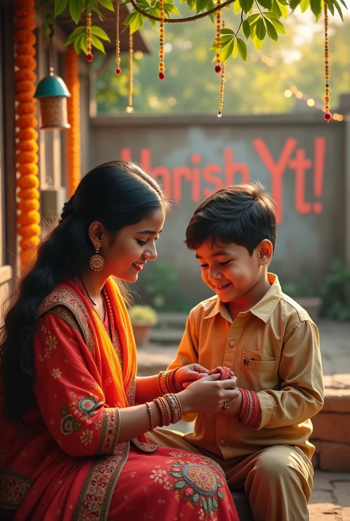 Sister is tying Rakhi X to her brother in front of a wall on which Harish Yt is written.