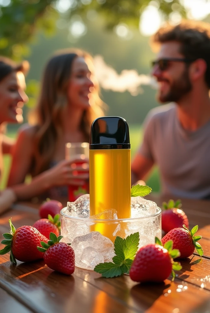Pod ignite v150 banana and mint flavor on a table surrounded by ice and strawberries around. In the background a party with a person smoking