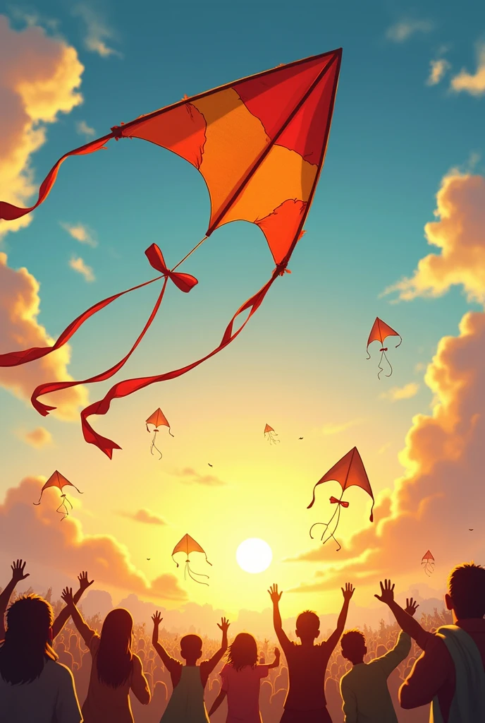 An expansive view of the village sky, filled with kites of all shapes and colors, but Ali’s simple, handmade kite flies the highest. The other kites are colorful and store-bought, but Ali’s kite stands out for its height and the story it represents. The scene captures the essence of triumph against the odds, with the setting sun adding a golden hue to the sky, symbolizing hope and perseverance."