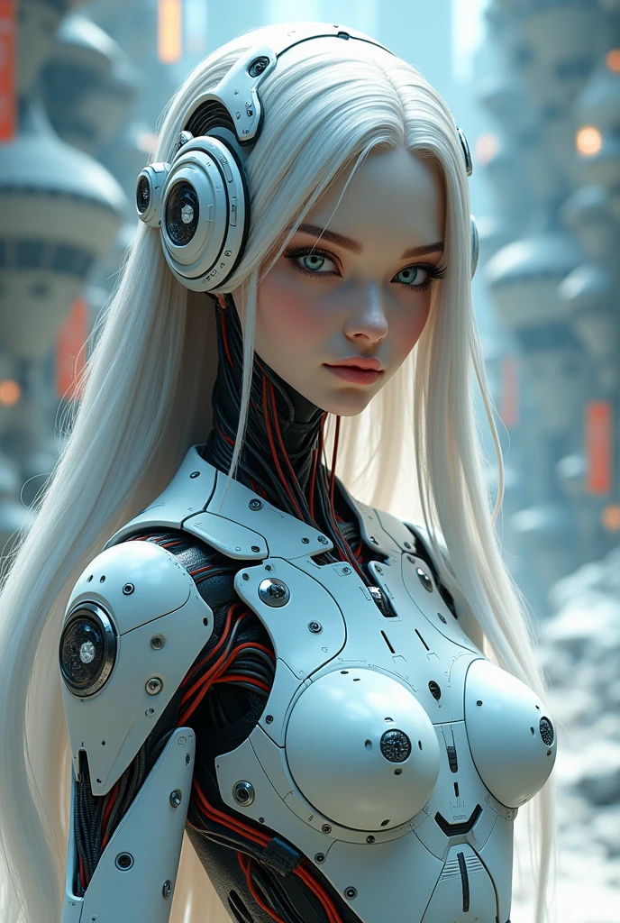 1 white mechanical girl, long hair, breasts big, ((Extraordinarily realistic details)), portraite, World-class lighting, ombre, octane rendering, 8f, ultra sharp, white metal,complicated, detailed jewellery, cool colors, highly complicated details, realistic light, trends at CGSociety, glare eyes, beautiful face, cleary see face, Double eyelids, Pose as a model, Face the camera., neon details, mechanical members, blood vessels connected to tubes, Wires and cables connected to the body, highy detailed, เทคโนโลยีจากfuture world, future world, alien tech, space ship, Advanced alien world, cutting edge technology