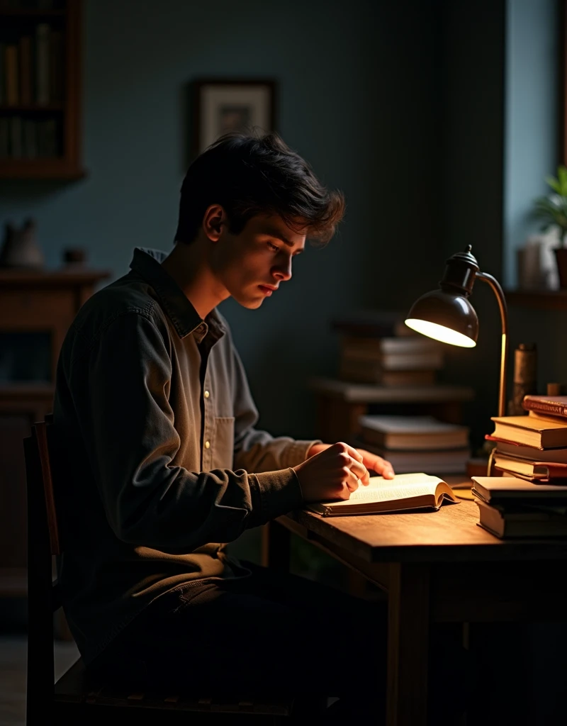 "It's nighttime, and a young man is sitting alone in a quiet, dimly lit room. He is seated on a wooden chair at a simple desk, surrounded by a few scattered books on the table. In his hands, he holds an open book, deeply engrossed in reading. A soft, warm light from a nearby lamp or desk lamp gently illuminates him, casting a subtle glow on his face and the pages of the book. The rest of the room fades into shadows, highlighting his solitary focus and the tranquility of the moment. The atmosphere is peaceful and studious, with a sense of quiet determination as he immerses himself in his reading, undisturbed by the silence of the night."