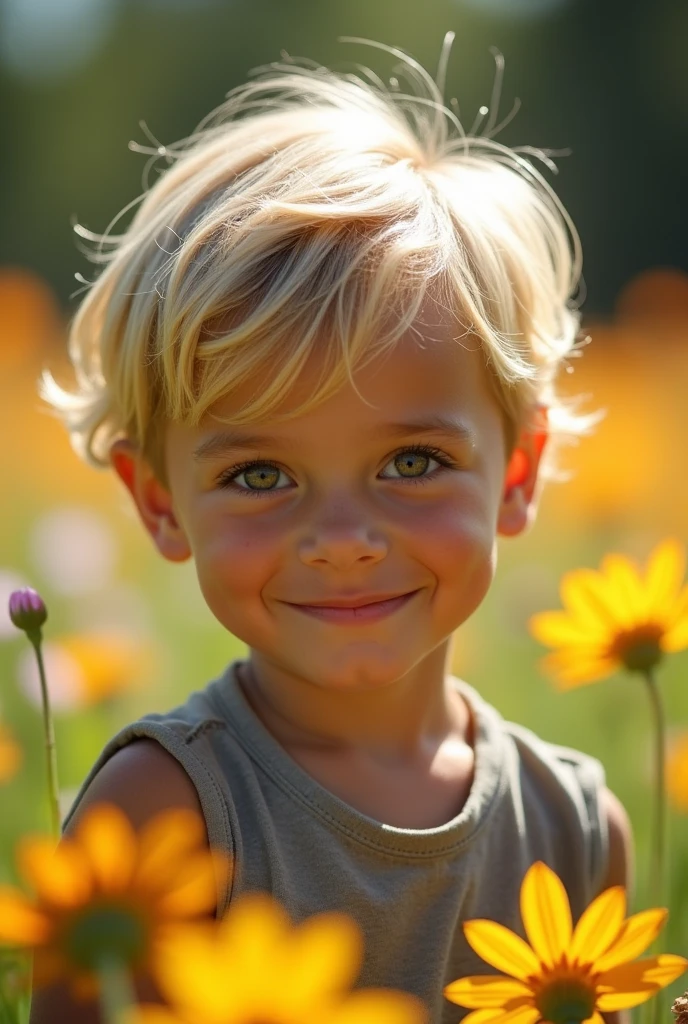 Raise a little child, a boy with slightly dark skin, with almost dark blonde hair, and more slanted eyes of a greenish brown color