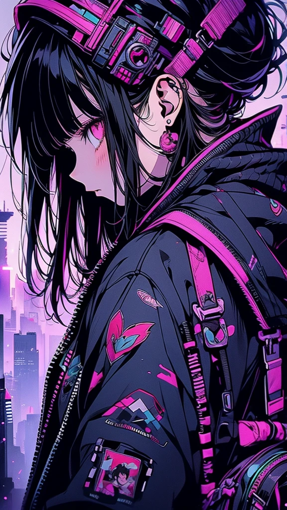 An anime girl with black hair and tattoos is looking at the city., artwork in the style of Gwaiz, Cyberpunk Anime Girl, Gwaiz, Anime Style 4 k, Anime Girl Profile, Enchanting anime girl, Detailed portrait of an anime girl, Detailed digital anime art, Anime Style. 8k, female Cyberpunk Anime Girl, Anime portrait profile, Anime Styled digital art