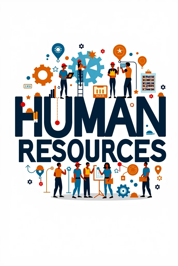 Create a design with the words "Human Resources", and around the name place images or symbols of human resources and industrial safety 