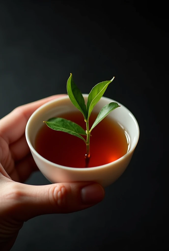 A single finger holding a teacup filled with high mountain tea, with a small section of tea leaves (one bud, two leaves) inside.,simple,Movie Lighting,专业photography,Studio Lighting,Black desktop background,photography,Intricate details,Ultra Detail,Hyper-photorealism,8K Ultra HD top view,Top view, bird's eye view
