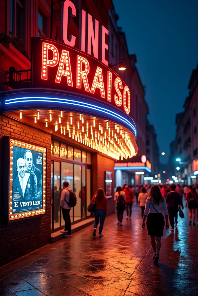 cell phone wallpaper outside the cinema with a bright banner that reads CINE PARAISO and with the posters of e vento led and the godfather being displayed